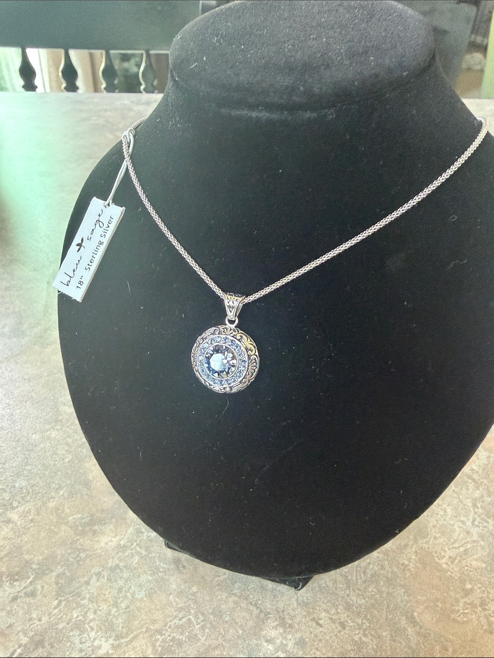 Blu Sage Silver Pendant Necklace with Blue Crystal Center